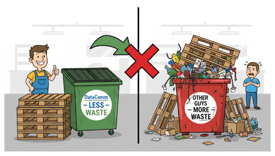 Illustration comparing DataComm's clean jobsite with less packaging waste against a competitor's messy site with overflowing dumpsters and debris