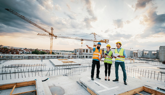 Construction site engineers planning project