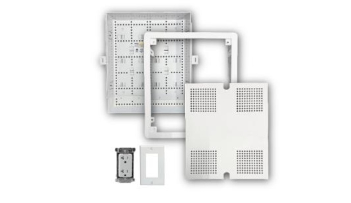 Connected Media Box with duplex 20 Amp commercial grade receptacle with Magnetic Cover